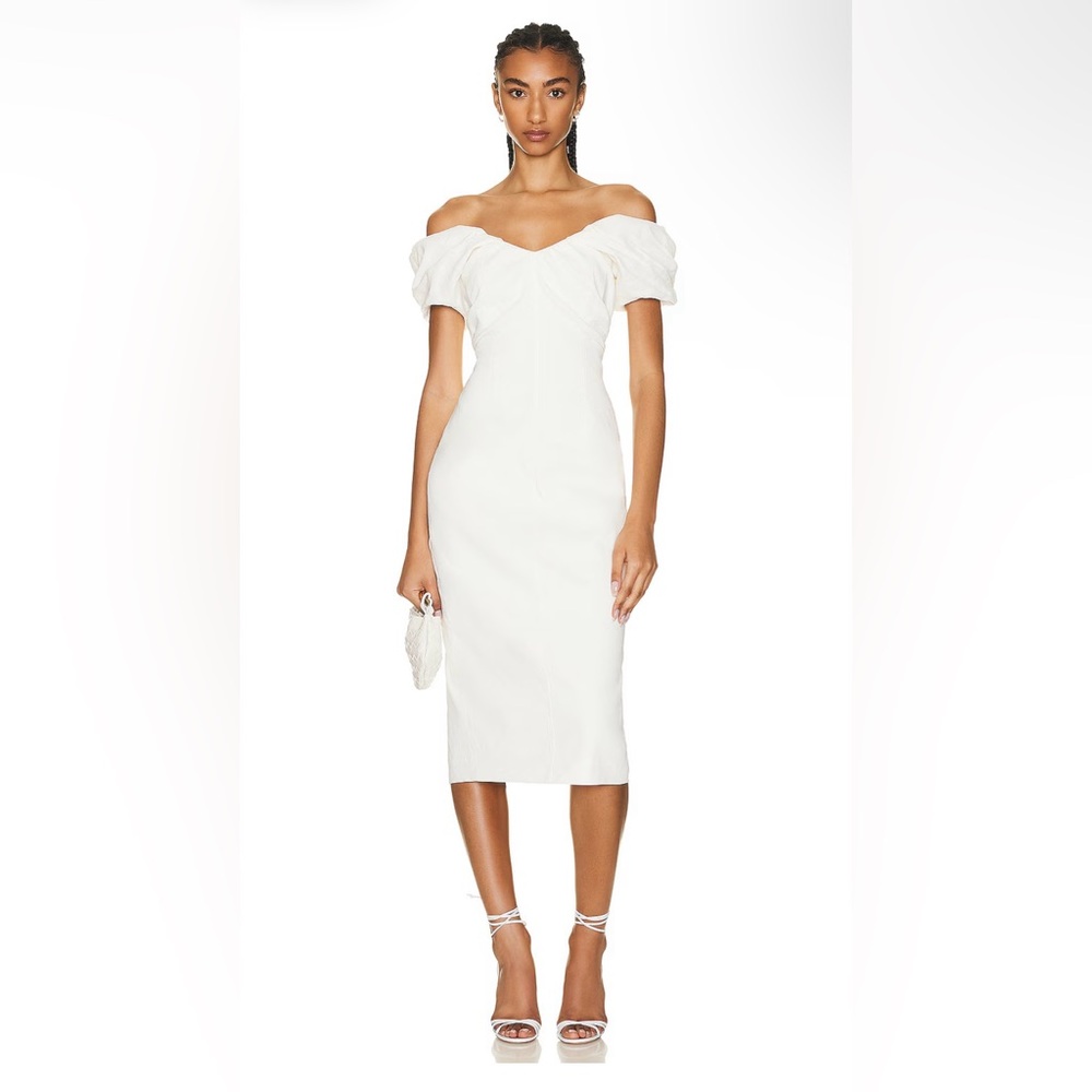 A.L.C. Nora White Midi Dress with off shoulder puff sleeve